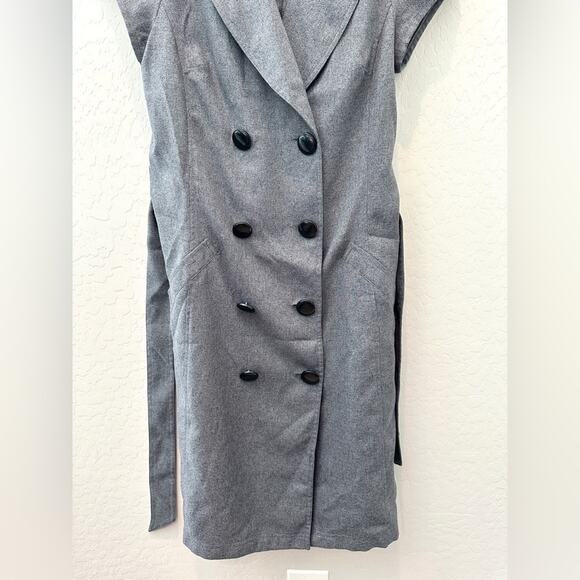 ROBBIE BEE | Vintage Gray Dress Double Breasted Belted Midi Retro | Size 10 - Picture 2 of 6